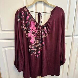 Elle Plum Peasant Top with Pink Floral Accent